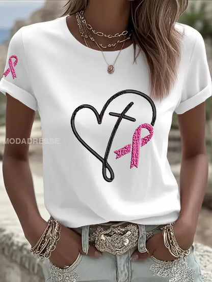 Kvinnors bröstcancer medvetenhet Pink Ribbon Print T shirta vitt / S