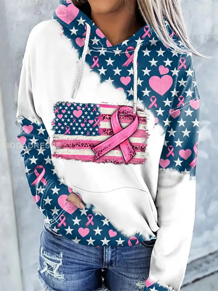 Kvinnors bröstcancer medvetenhet Pink Ribbon Skriv ut Casual Hoodie. som bild / S