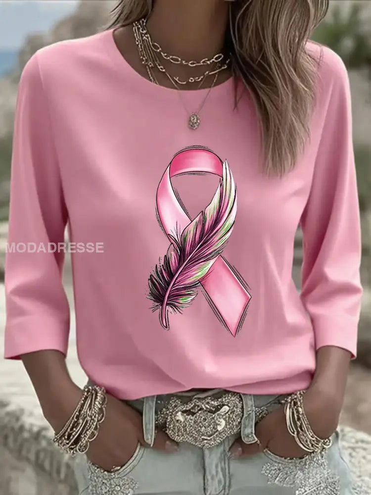 Kvinnors bröstcancer medvetenhet Pink Ribbon Tryckt långärmskjort ljusrosa / S