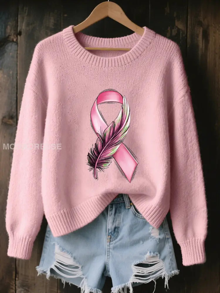 Kvinnors bröstcancer medvetenhet Pink Ribbon Tryckt sweatshirt ljusrosa / S