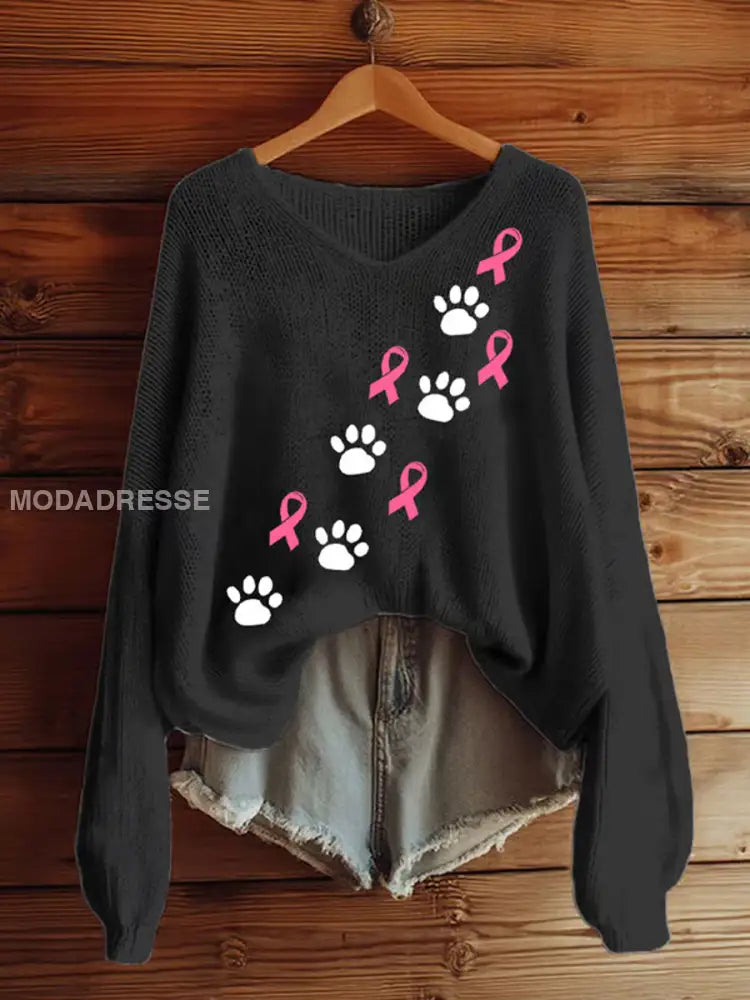 Kvinnors bröstcancer medvetenhet Pink Ribbon Tryckt V hals övrev svart / S