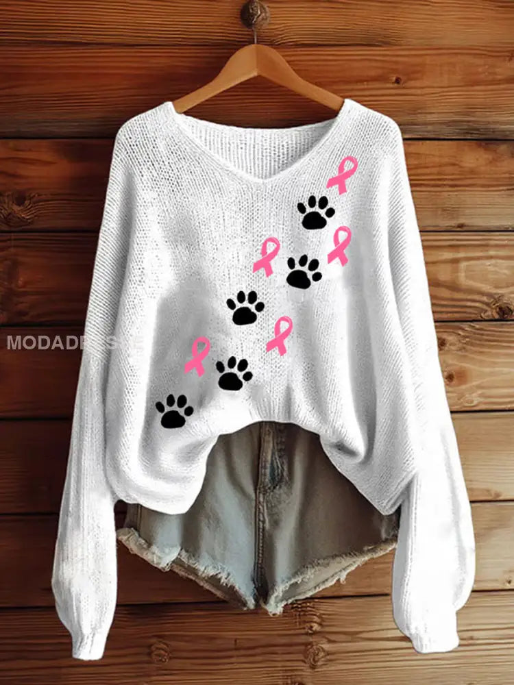 Kvinnors bröstcancer medvetenhet Pink Ribbon Tryckt V hals övrev vit / S