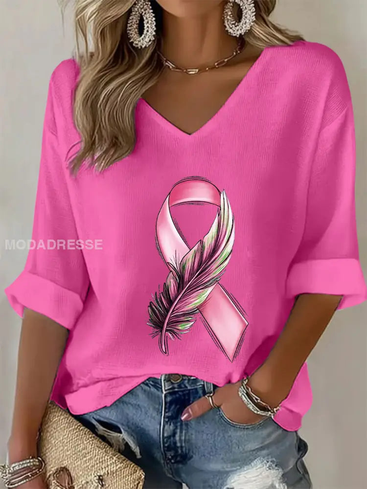 Kvinnors bröstcancer medvetenhet Pink Ribbon Waffle T shirt rosröd / S