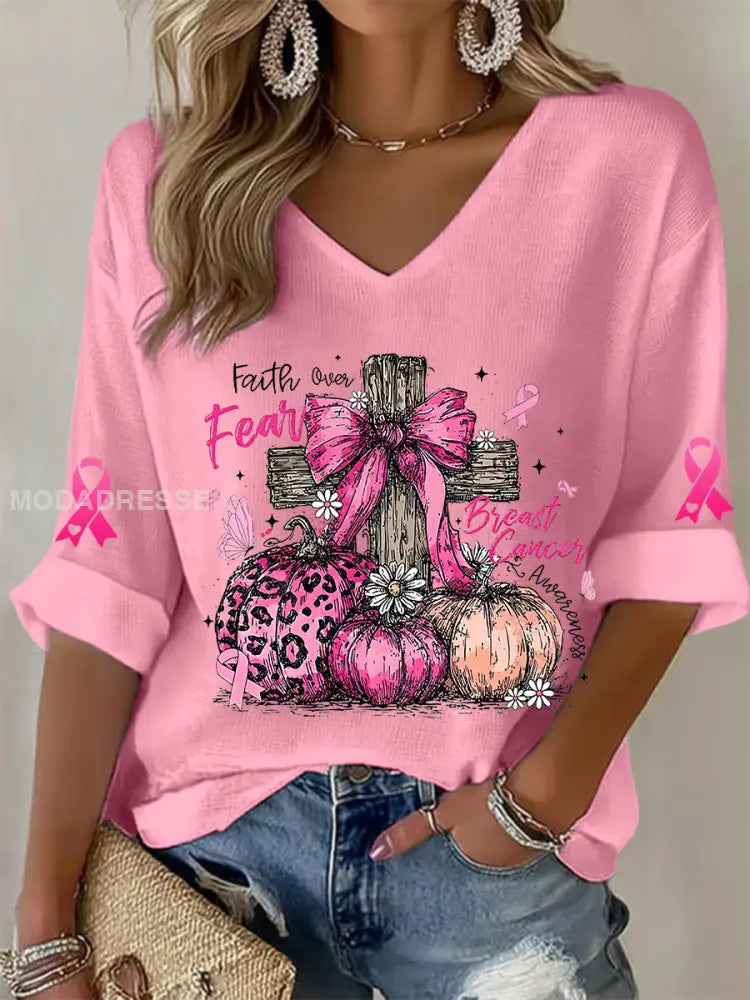 Kvinnors bröstcancer medvetenhet Pink Ribbon Waffle T shirt runk / S