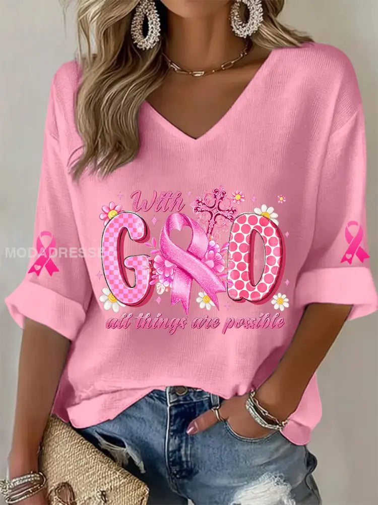 Kvinnors bröstcancer medvetenhet Pink Ribbon Waffle T shirt runk / S