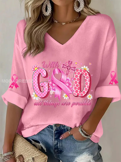 Kvinnors bröstcancer medvetenhet Pink Ribbon Waffle T shirt runk / S