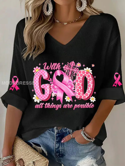 Kvinnors bröstcancer medvetenhet Pink Ribbon Waffle T shirt svart / S