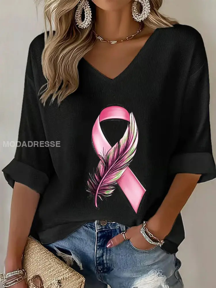 Kvinnors bröstcancer medvetenhet Pink Ribbon Waffle T shirt svart / S