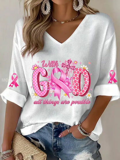 Kvinnors bröstcancer medvetenhet Pink Ribbon Waffle T shirt vit / S