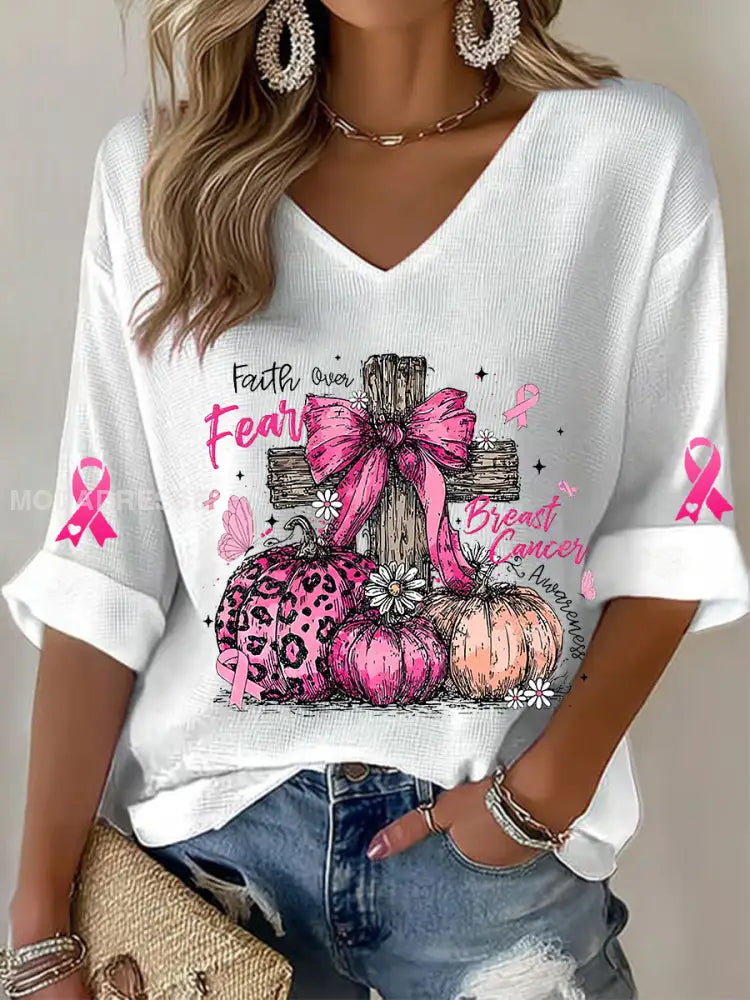 Kvinnors bröstcancer medvetenhet Pink Ribbon Waffle T shirt vit / S