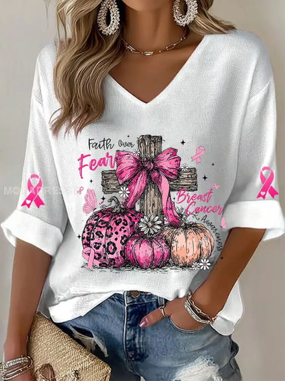 Kvinnors bröstcancer medvetenhet Pink Ribbon Waffle T shirt vit / S