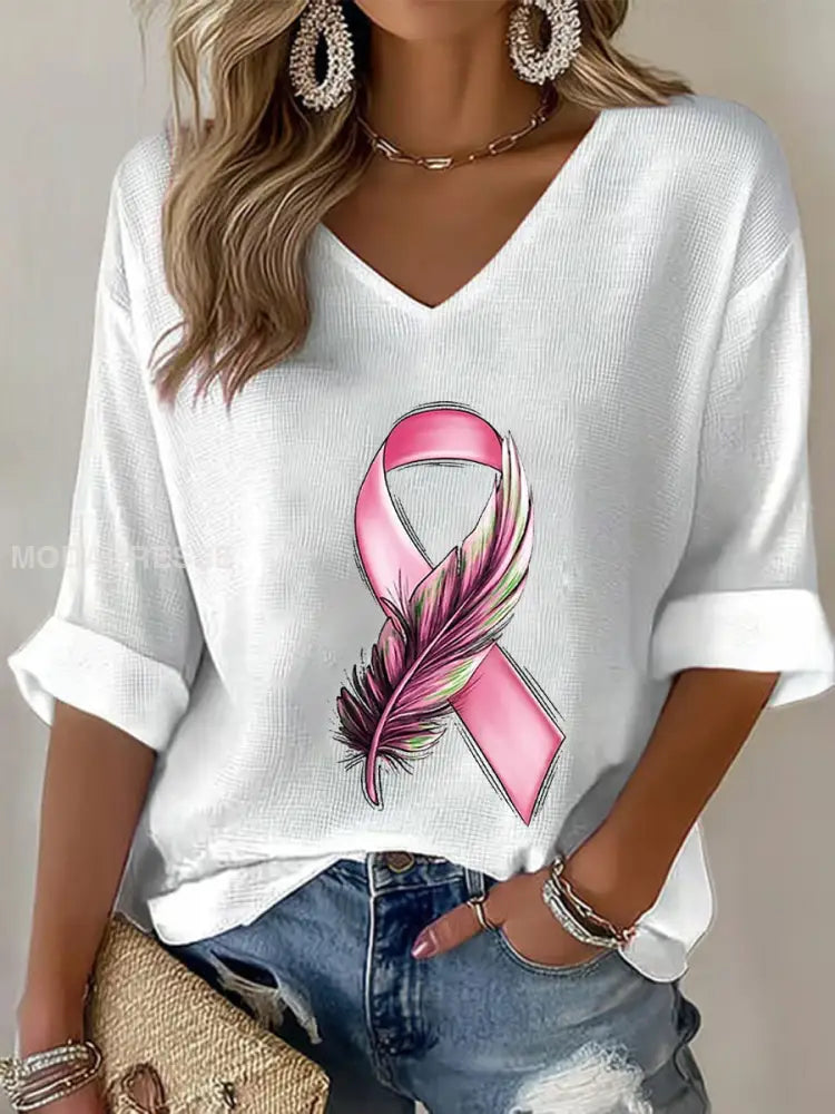 Kvinnors bröstcancer medvetenhet Pink Ribbon Waffle T shirt vit / S