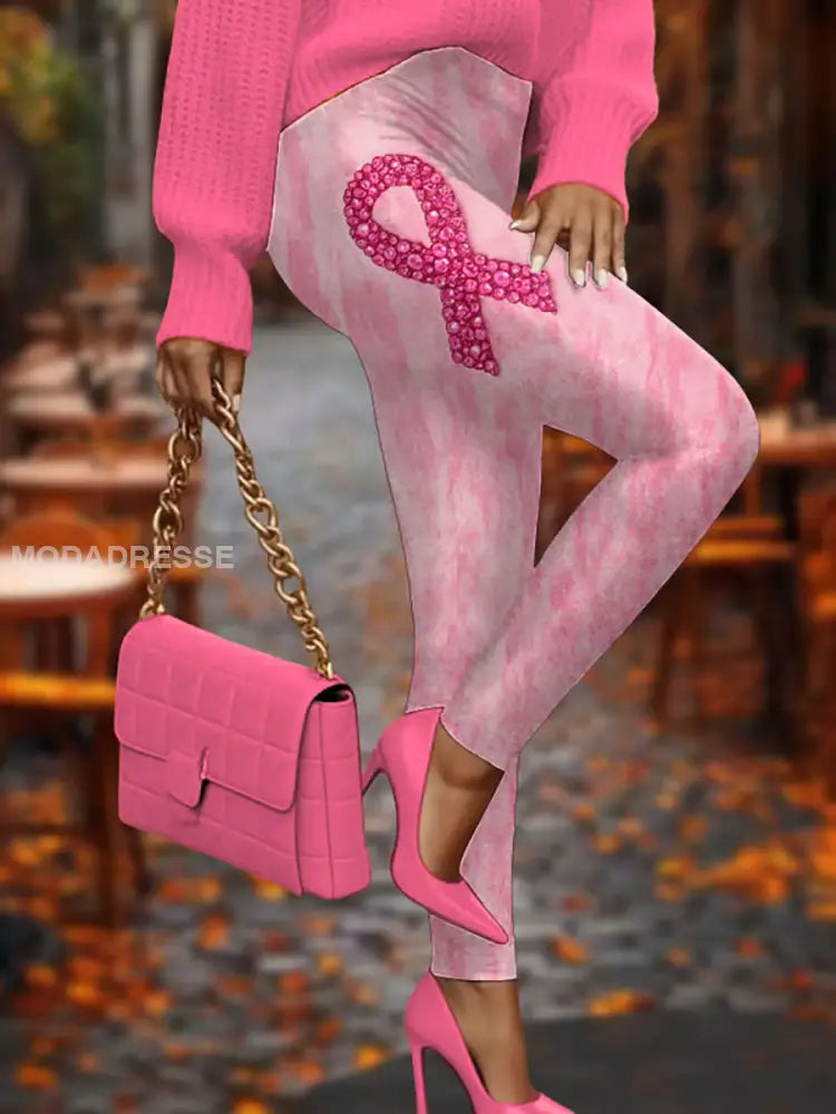 Kvinnors bröstcancer medvetenhet rosa band Print Casual Leggings runk / S