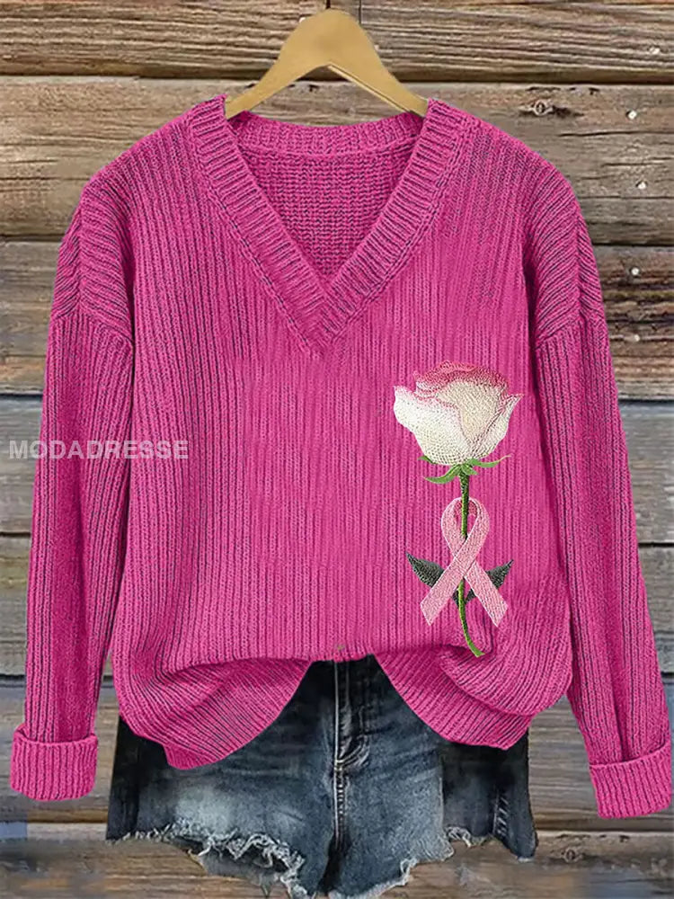 Kvinnors bröstcancer medvetenhet rosa band Print Casual Topp rosröd / S