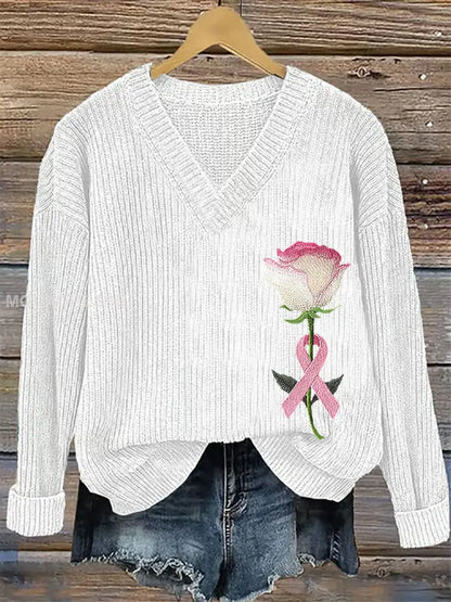 Kvinnors bröstcancer medvetenhet rosa band Print Casual Topp vitt / S