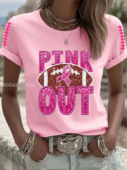 Kvinnors bröstcancer medvetenhet Rosa Ribbon Pink Out Print Casual T shirt runt / S