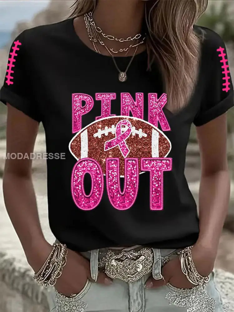 Kvinnors bröstcancer medvetenhet Rosa Ribbon Pink Out Print Casual T shirt svart / S