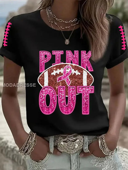 Kvinnors bröstcancer medvetenhet Rosa Ribbon Pink Out Print Casual T shirt svart / S