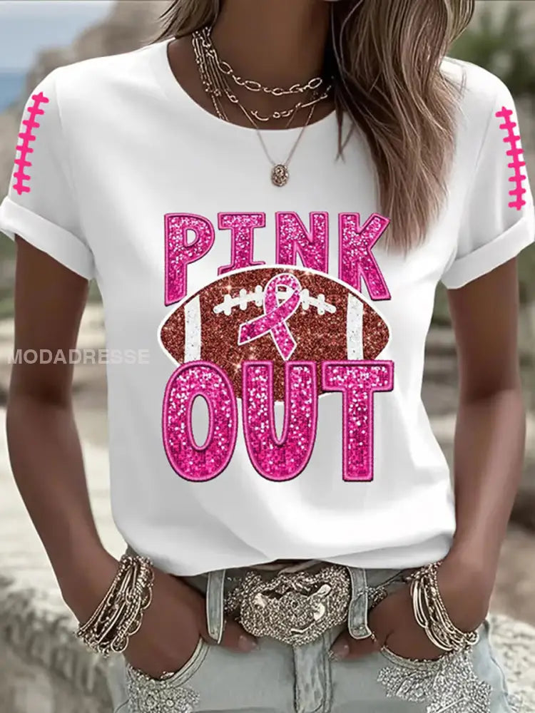 Kvinnors bröstcancer medvetenhet Rosa Ribbon Pink Out Print Casual T shirt vit / S