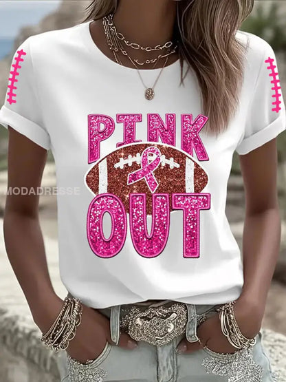 Kvinnors bröstcancer medvetenhet Rosa Ribbon Pink Out Print Casual T shirt vit / S