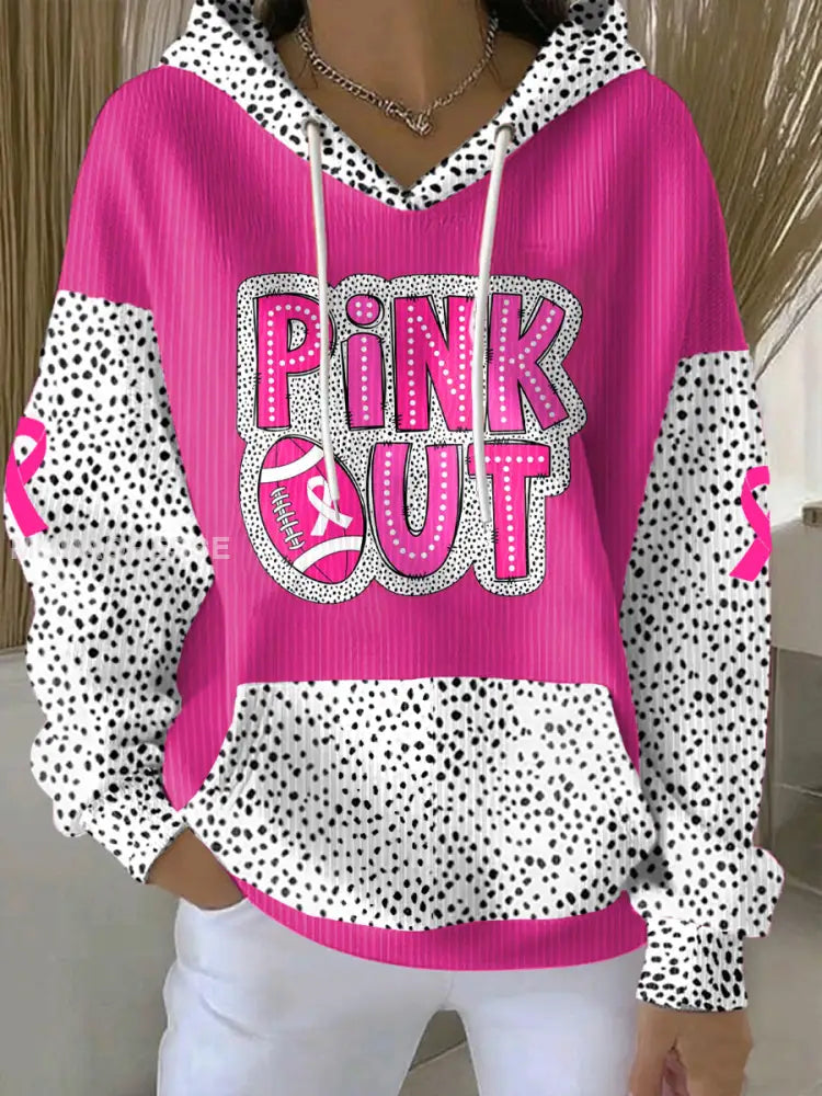 Kvinnors bröstcancer medvetenhet Rosa ut fotboll tryckt Hoodie. rosröd / S