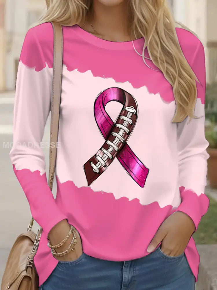 Kvinnors bröstcancer medvetenhet Rugby Ribbon Skriv ut Casual Long Sleeve T shirt runk / S