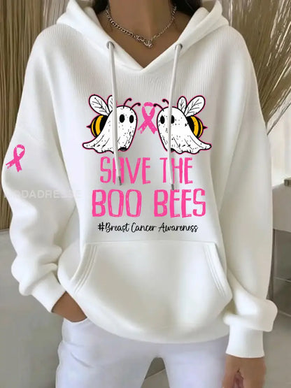 Kvinnors bröstcancer medvetenhet Spara Boo Bees Printed Casual Hoodie. vit / S