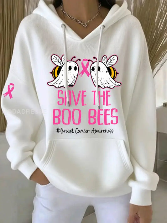 Kvinnors bröstcancer medvetenhet Spara Boo Bees Printed Casual Hoodie. vit / S