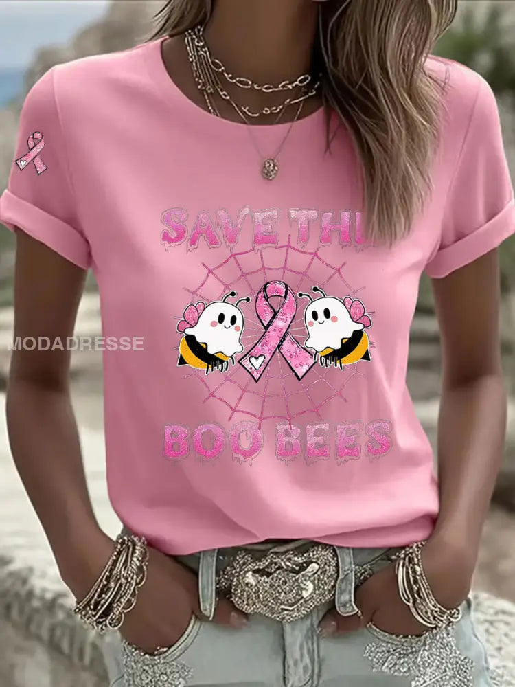 Kvinnors bröstcancer medvetenhet Spara Boo Bees Skriv ut Casual T shirt rost / S