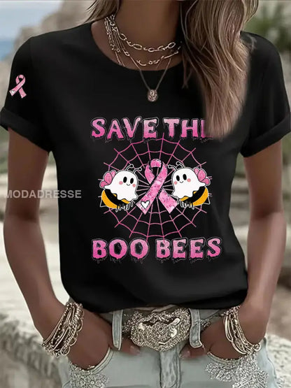 Kvinnors bröstcancer medvetenhet Spara Boo Bees Skriv ut Casual T shirt svart / S