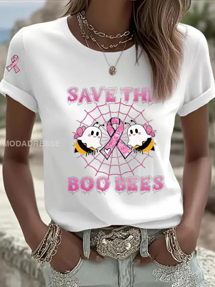 Kvinnors bröstcancer medvetenhet Spara Boo Bees Skriv ut Casual T shirt vit / S