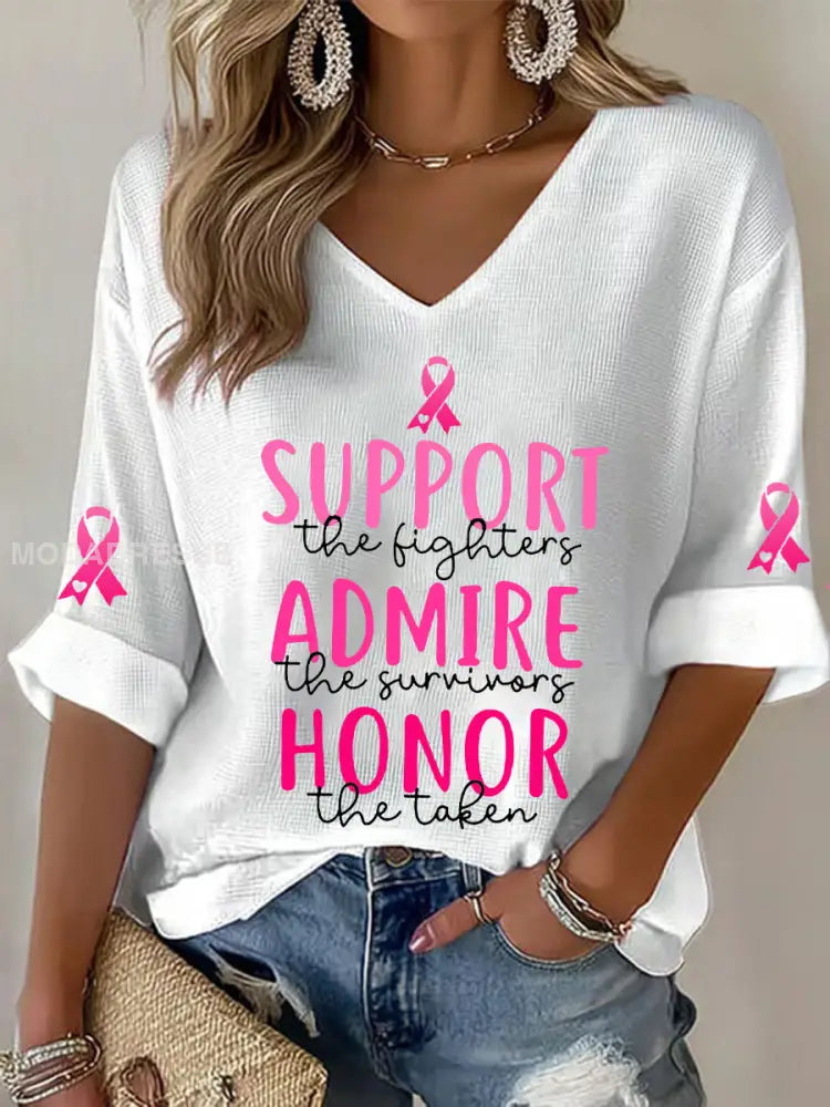 Kvinnors bröstcancer medvetenhet Stöd Fighters beundra de överlevande hedra den tagen rosa Ribbon Våffel T shi. rt vit