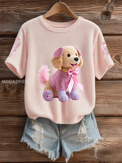 Kvinnors bröstcancer medvetenhet Stöd rosa hund Pink Ribbon Skriv ut kort ärm Topp ljusrosa / S