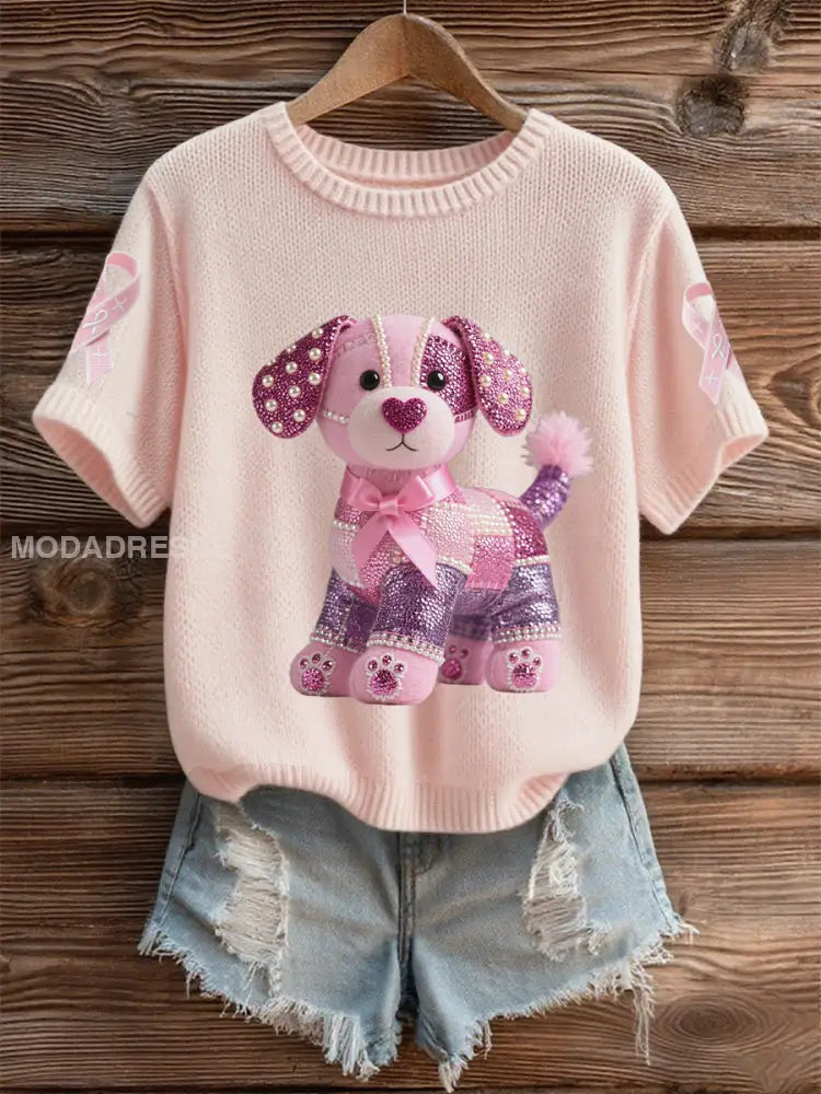 Kvinnors bröstcancer medvetenhet Stöd rosa hund Pink Ribbon Skriv ut kort ärm Topp ljusrosa / S