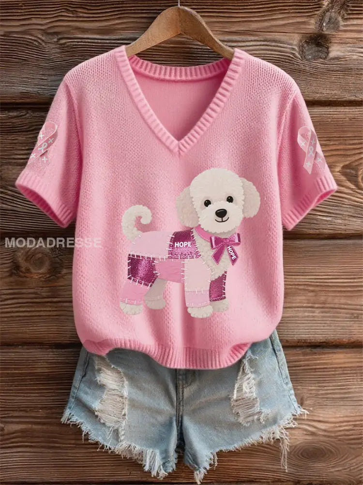 Kvinnors bröstcancer medvetenhet Stöd rosa hund Pink Ribbon Skriv ut kort ärm Topp runk / S