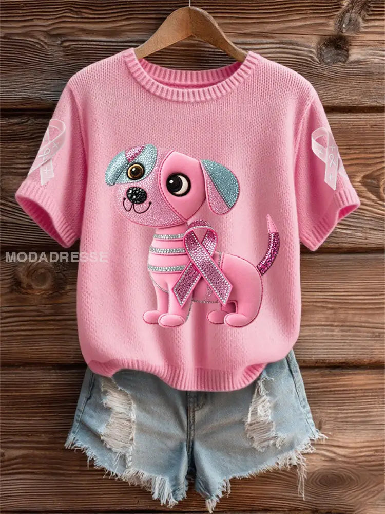 Kvinnors bröstcancer medvetenhet Stöd rosa hund Pink Ribbon Skriv ut kort ärm Topp runk / S