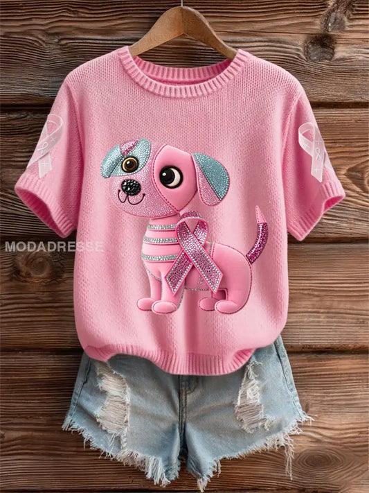 Kvinnors bröstcancer medvetenhet Stöd rosa hund Pink Ribbon Skriv ut kort ärm Topp runk / S