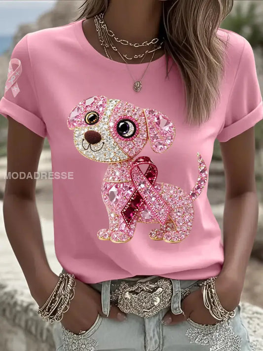 Kvinnors bröstcancer medvetenhet Stöd rosa hund Pink Ribbon Skriv ut kort ärm Topp runt / S