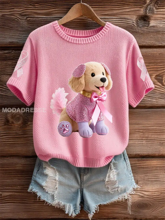 Kvinnors bröstcancer medvetenhet Stöd rosa hund Pink Ribbon Skriv ut kort ärm Topp rosa / S