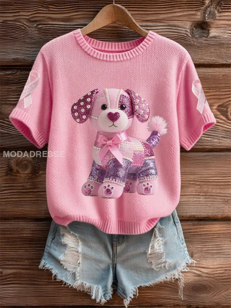 Kvinnors bröstcancer medvetenhet Stöd rosa hund Pink Ribbon Skriv ut kort ärm Topp rosa / S