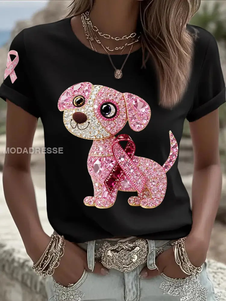 Kvinnors bröstcancer medvetenhet Stöd rosa hund Pink Ribbon Skriv ut kort ärm Topp svart / S