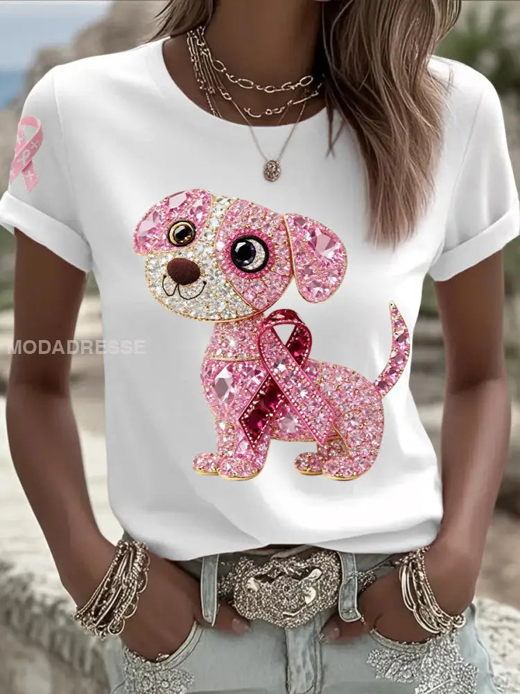 Kvinnors bröstcancer medvetenhet Stöd rosa hund Pink Ribbon Skriv ut kort ärm Topp vit / S