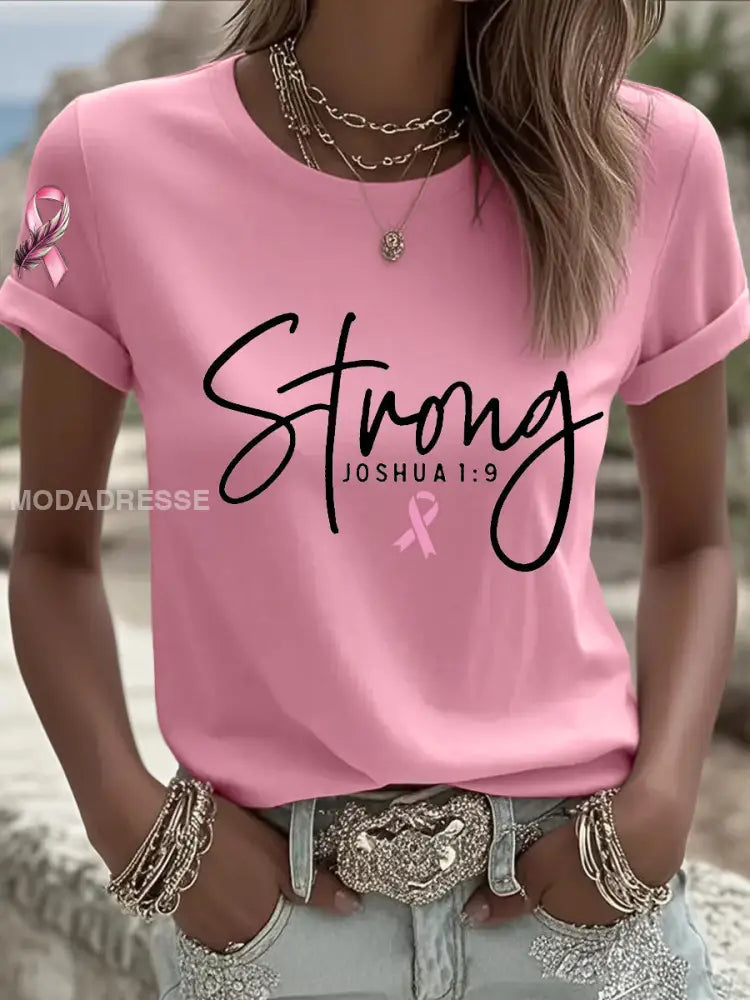 Kvinnors bröstcancer överlevande Stark rosa band T shirt runt / S
