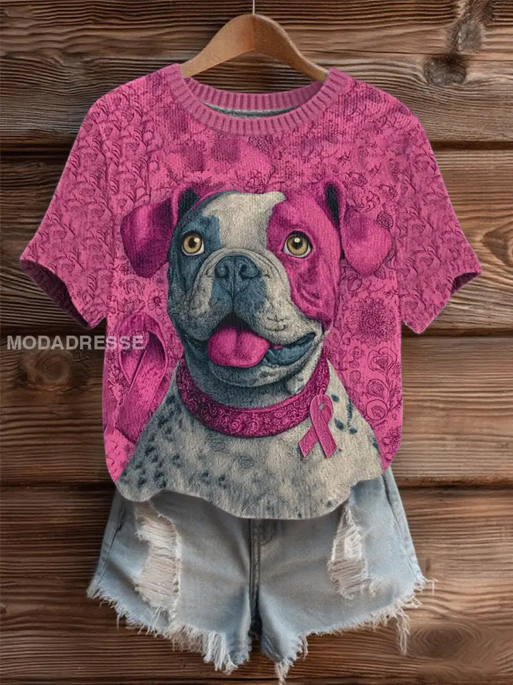Kvinnors bröstcancer Patchwork Hund konst Mysigt knit topp som bild / S