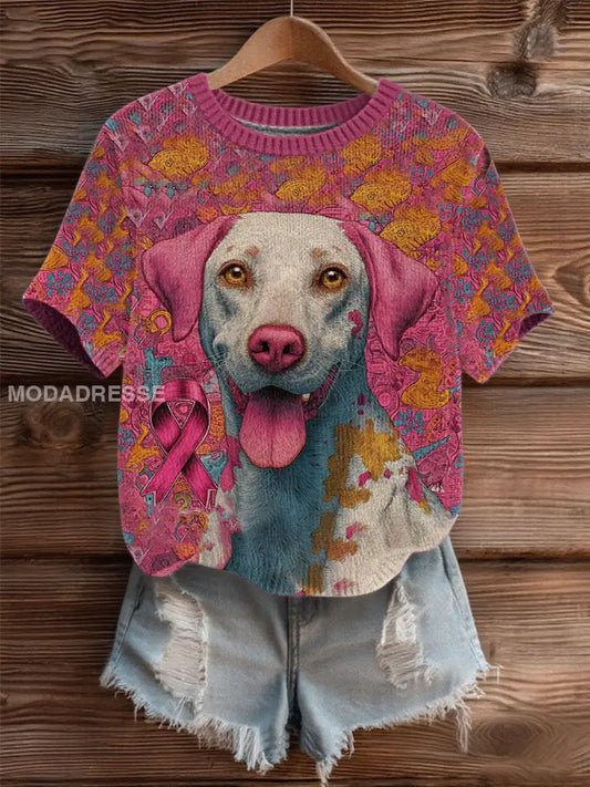Kvinnors bröstcancer Patchwork Hund konst Mysigt knit topp som bild / S