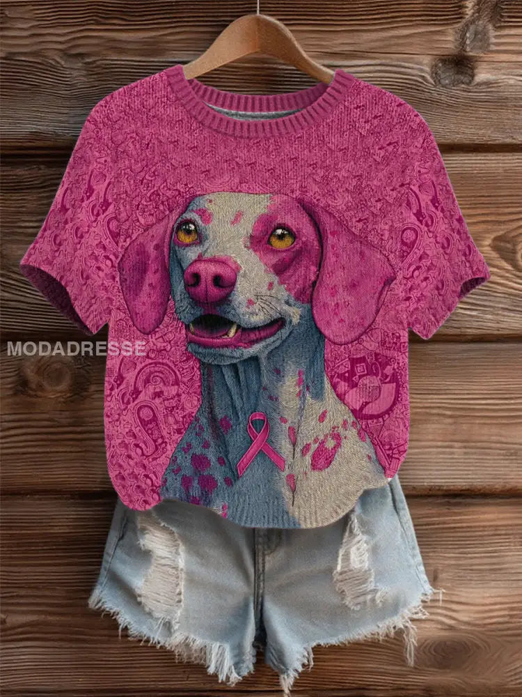 Kvinnors bröstcancer Patchwork Hund konst Mysigt knit topp som bild / S
