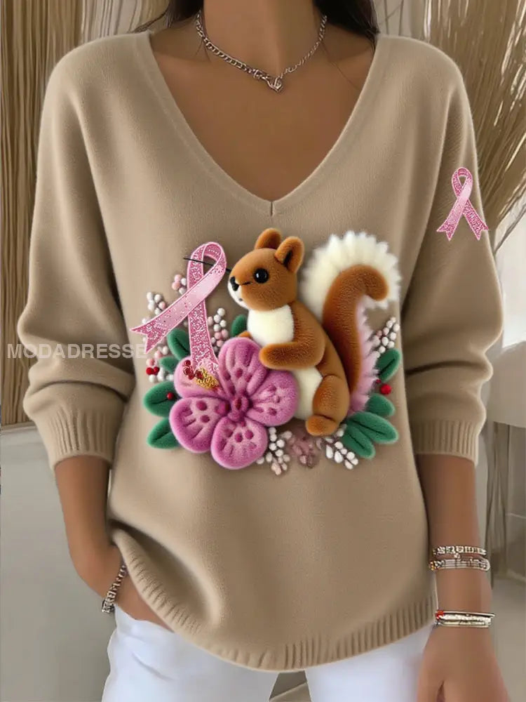 Kvinnors bröstcancer Ribbon Animal Print Bomull långärmad T shirt A / S