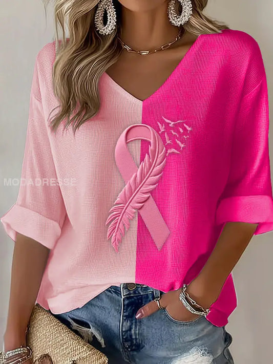 Kvinnors bröstcancer Ribbon Print bomull Topp A / S