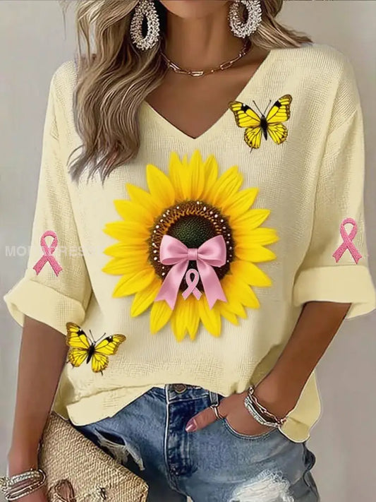 Kvinnors bröstcancer Ribbon Print bomull Topp A / S