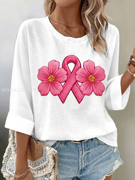 Kvinnors bröstcancer Ribbon Print bomull Topp A / S